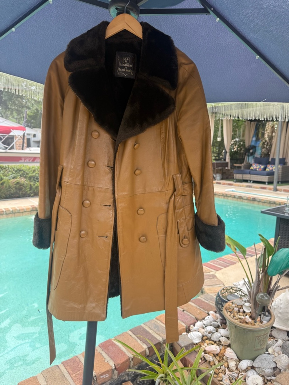 Brown Leather Coat with Dark Fur Collar